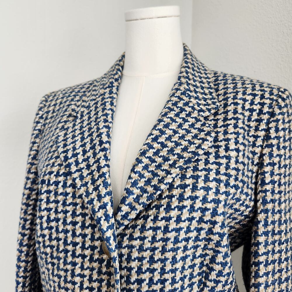 Vintage 90s Houndstooth Tweed Blazer Jacket Cream Blue 3 Button Long Sleeve L - Picture 6 of 13